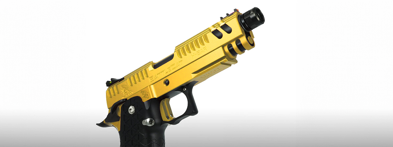 Airsoft Masterpiece EDGE LimCat "BattleCat" Tokyo Marui Hi Capa GBB 3.9 Aluminum Frame - (Gold) - Click Image to Close