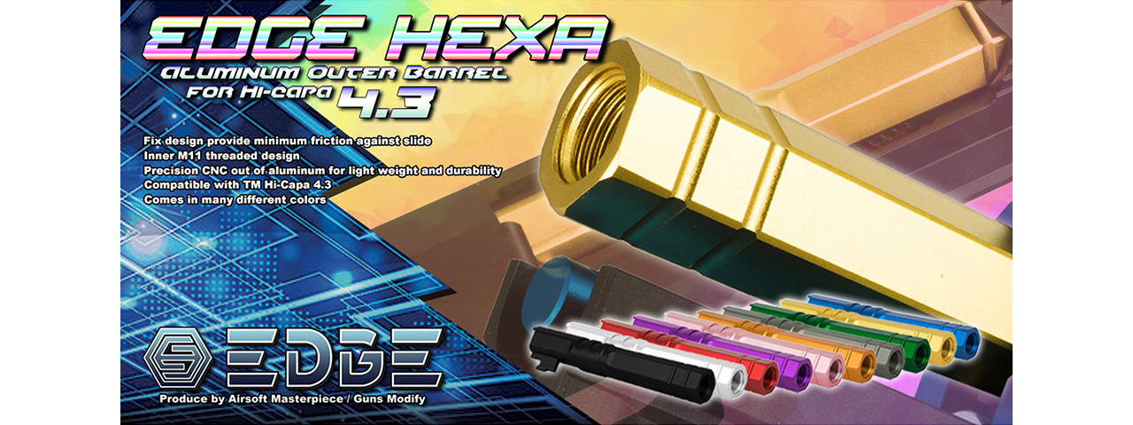 Airsoft Masterpiece Edge "HEXA" Aluminum Outer Barrel for 4.3 Hi Capa (Gold) - Click Image to Close