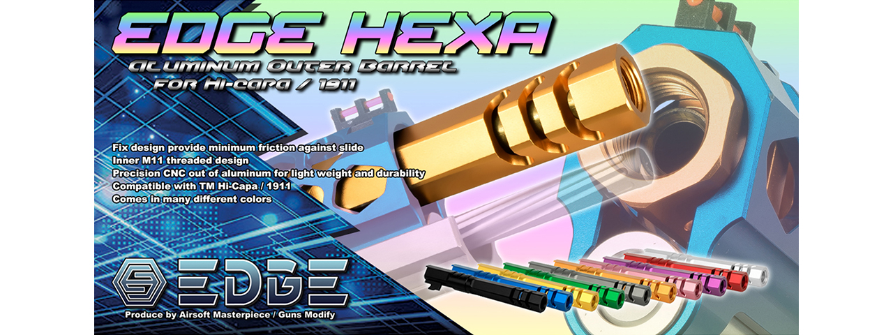 Airsoft Masterpiece Edge "HEXA" Aluminum Outer Barrel for 5.1 Hi Capa (Gold) - Click Image to Close