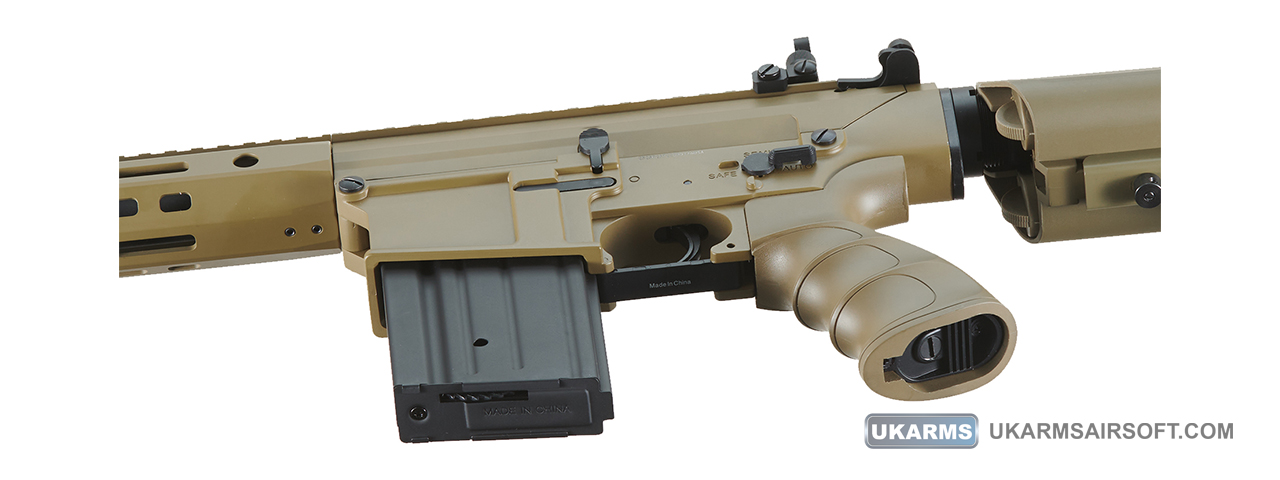 Golden Eagle Airsoft SR-25K w/ URX4 M-LOK Handguard & Crane Stock - Tan - Click Image to Close