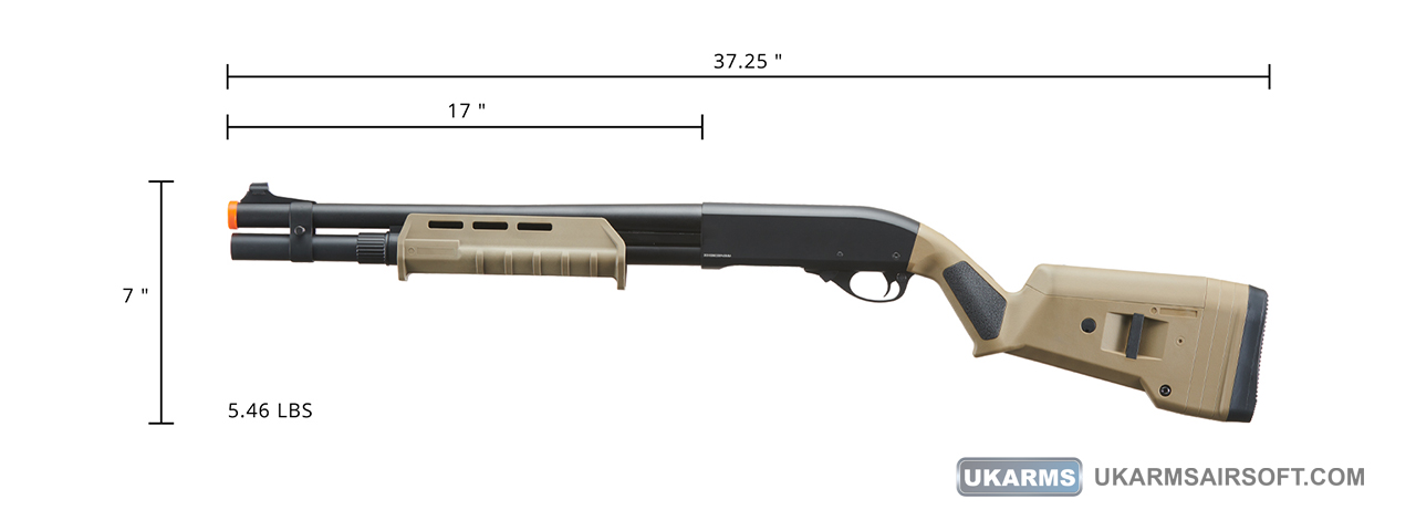 Golden Eagle Airsoft M870 MP M-LOK Style 3/6-Shot Pump Action Gas Shotgun - Tan - Click Image to Close