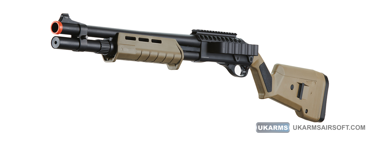 Golden Eagle Airsoft M870 MP M-LOK Style 3/6-Shot Pump Action Gas Shotgun - Tan with Shell Holder - Click Image to Close