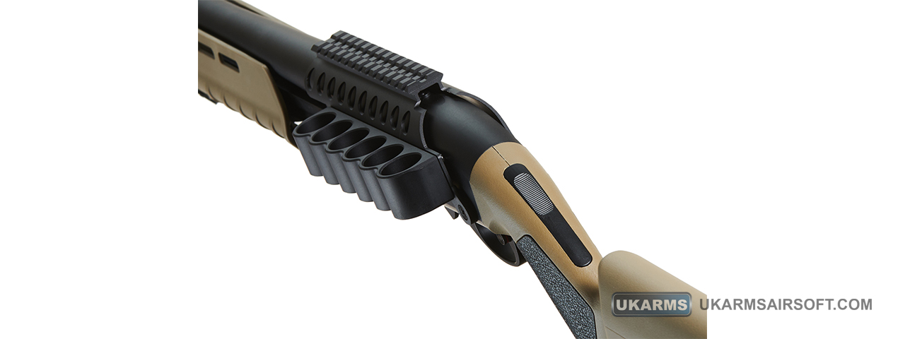 Golden Eagle Airsoft M870 MP M-LOK Style 3/6-Shot Pump Action Gas Shotgun - Tan with Shell Holder - Click Image to Close