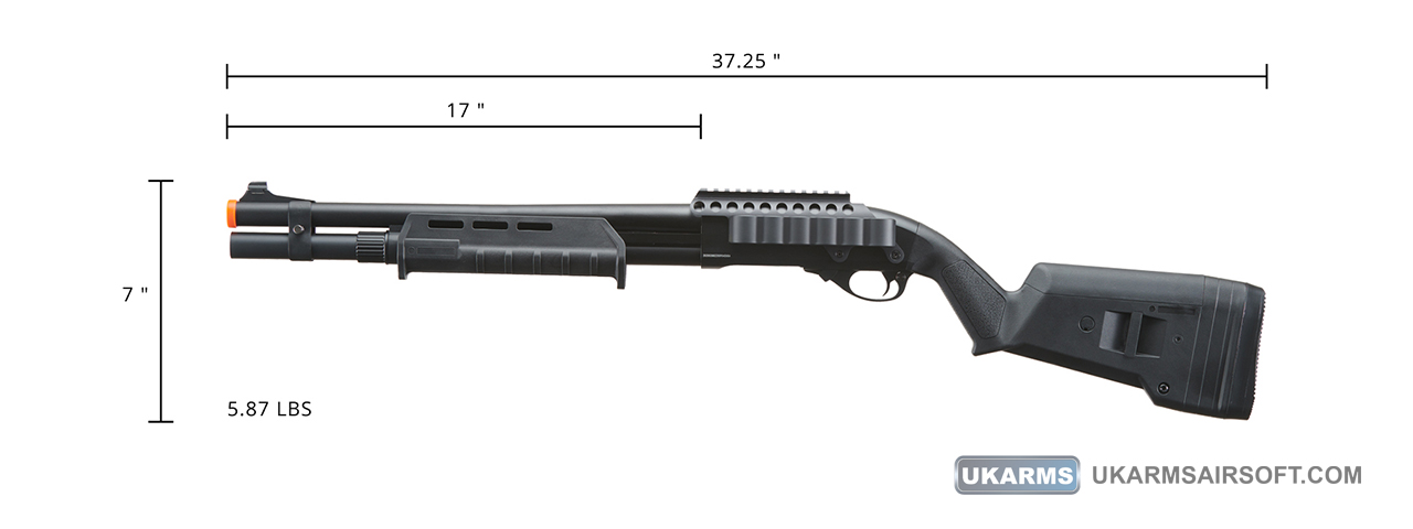 Golden Eagle Airsoft M870 MP M-LOK Style 3/6-Shot Pump Action Gas Shotgun - Black with Shell Holder - Click Image to Close