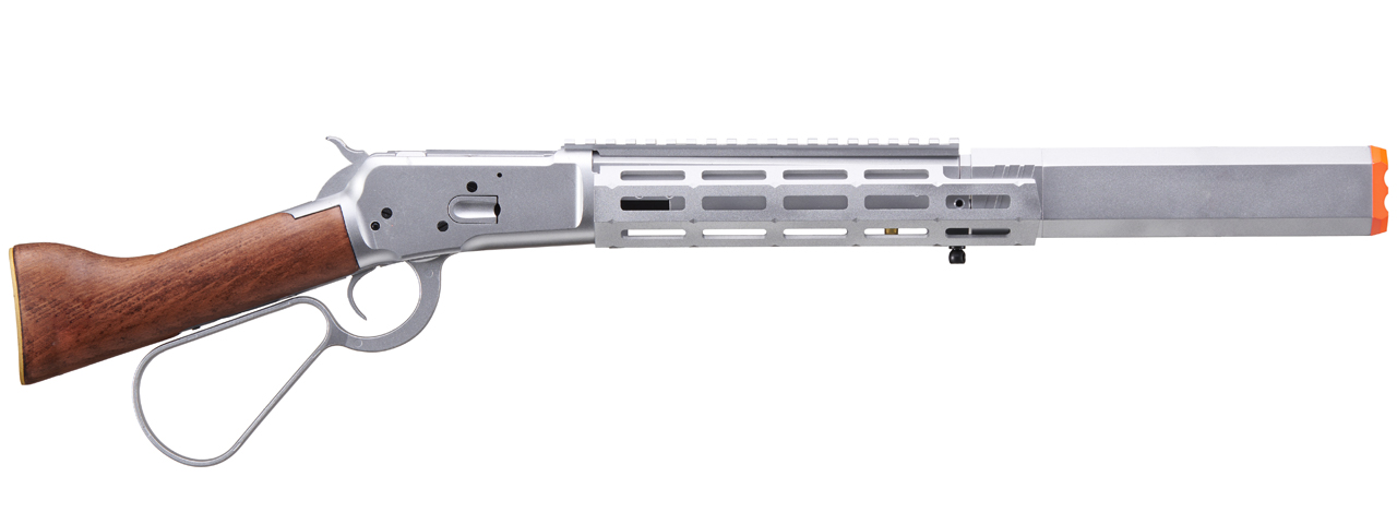 Atlas Custom Works M1873 "Mares Leg" Lever Action Airsoft Green Gas Rifle w/ M-LOK Rail and Suppressor (Color: Silver) - Click Image to Close