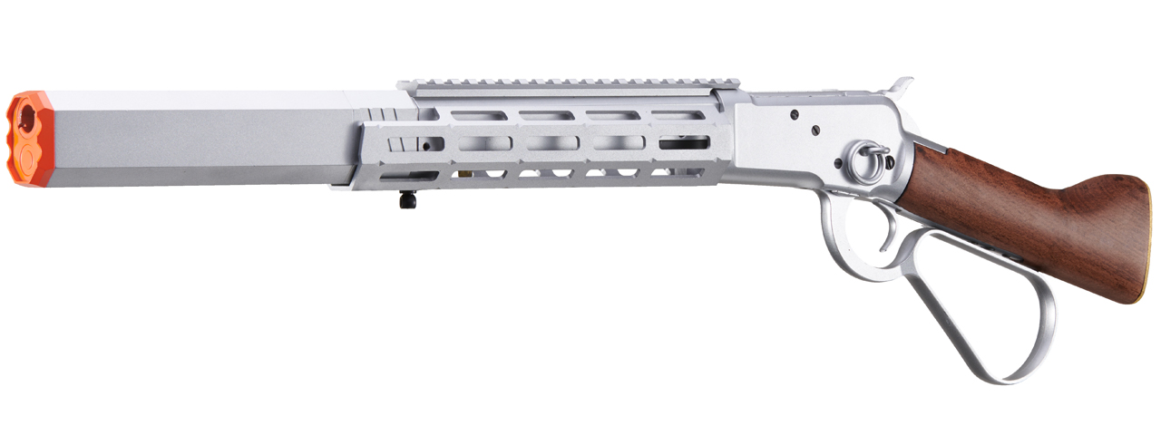 Atlas Custom Works M1873 "Mares Leg" Lever Action Airsoft Green Gas Rifle w/ M-LOK Rail and Suppressor (Color: Silver)