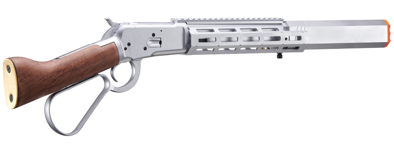 Atlas Custom Works M1873 "Mares Leg" Lever Action Airsoft Green Gas Rifle w/ M-LOK Rail and Suppressor (Color: Silver)