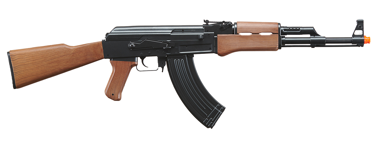 GOLDEN BALL ABS PLASTIC AK47 AEG AIRSOFT RIFLE - (BLACK/FAUX WOOD) - Click Image to Close