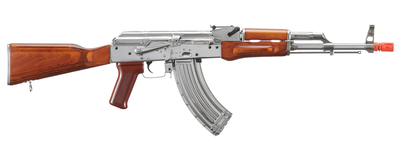 LCT AKM Stamped Steel Airsoft AEG Rifle w/ Full Stock (Color: Silver & Wood) - Click Image to Close