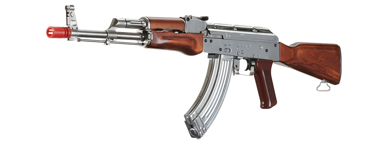 LCT AKM Stamped Steel Airsoft AEG Rifle w/ Full Stock (Color: Silver & Wood) - Click Image to Close