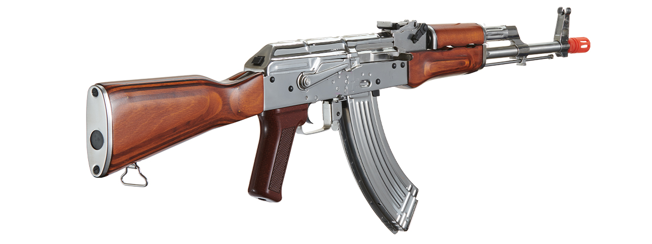 LCT AKM Stamped Steel Airsoft AEG Rifle w/ Full Stock (Color: Silver & Wood) - Click Image to Close