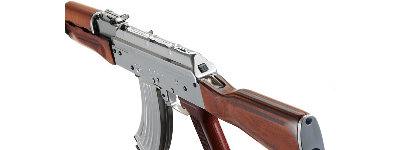 LCT AKM Stamped Steel Airsoft AEG Rifle w/ Full Stock (Color: Silver & Wood) - Click Image to Close