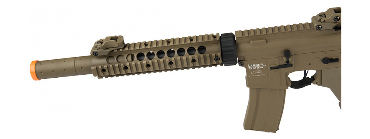 Lancer Tactical Low FPS Gen 2 10" M4 SD Carbine Airsoft AEG Rifle with Mock Suppressor (Tan)(No Battery and Charger) - Click Image to Close