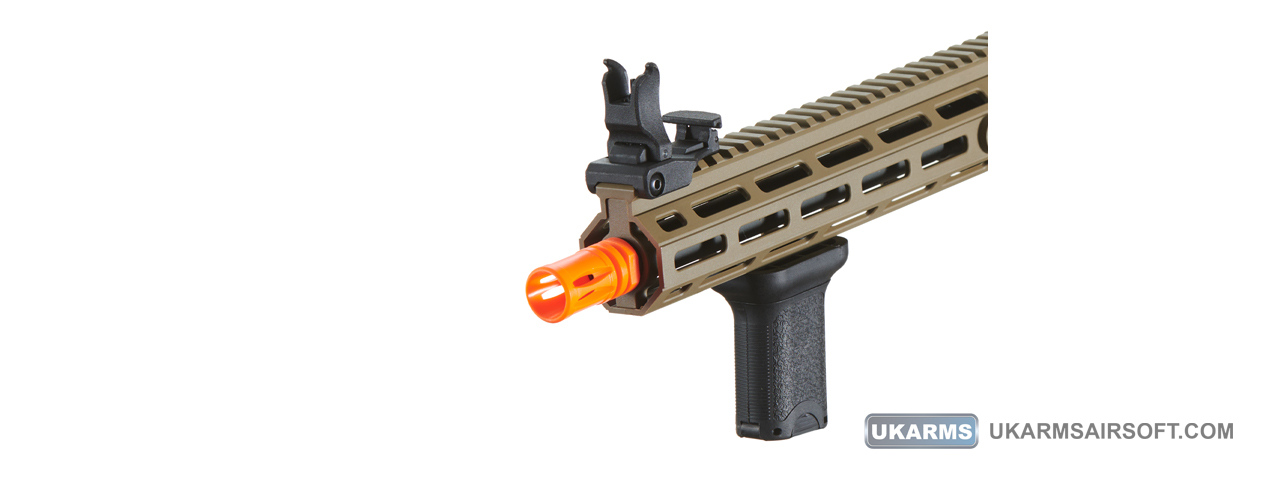 Lancer Tactical Gen 3 Hellion M-LOK 10" Airsoft M4 AEG with Delta Stock (Color: Tan) - Click Image to Close