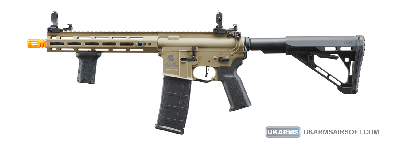 Lancer Tactical Gen 3 Hellion M-LOK 10" Airsoft M4 AEG with Delta Stock (Color: Tan) - Click Image to Close