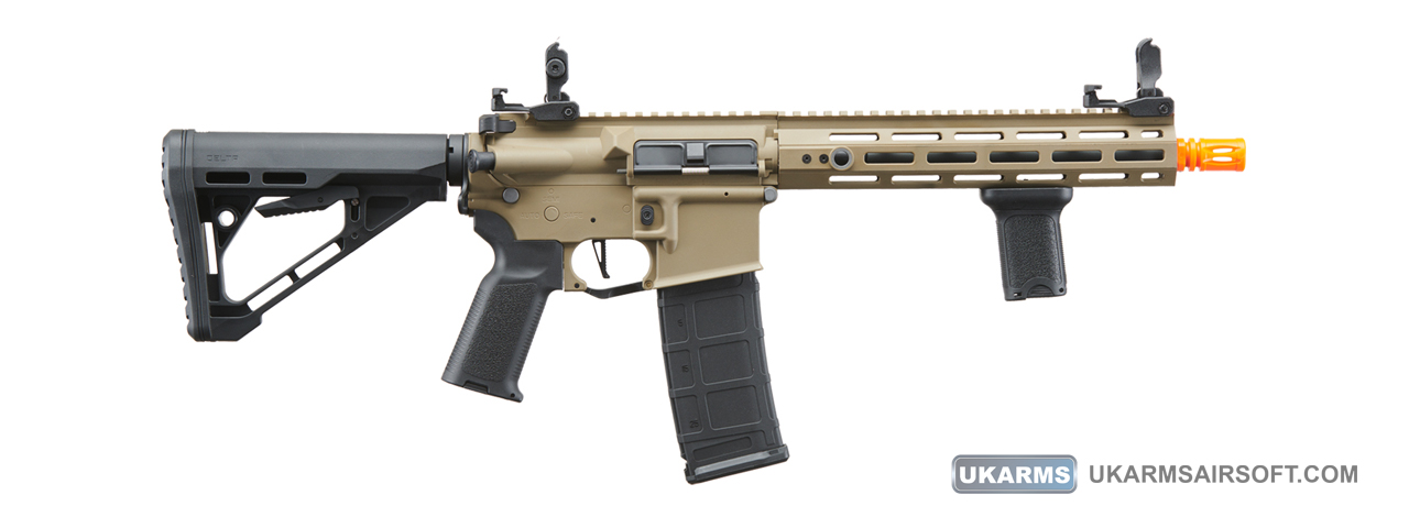 Lancer Tactical Gen 3 Hellion M-LOK 10" Airsoft M4 AEG with Delta Stock (Color: Tan) - Click Image to Close