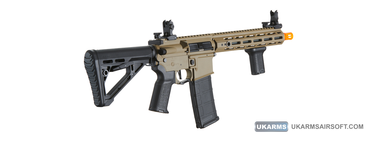 Lancer Tactical Gen 3 Hellion M-LOK 10" Airsoft M4 AEG with Delta Stock (Color: Tan) - Click Image to Close