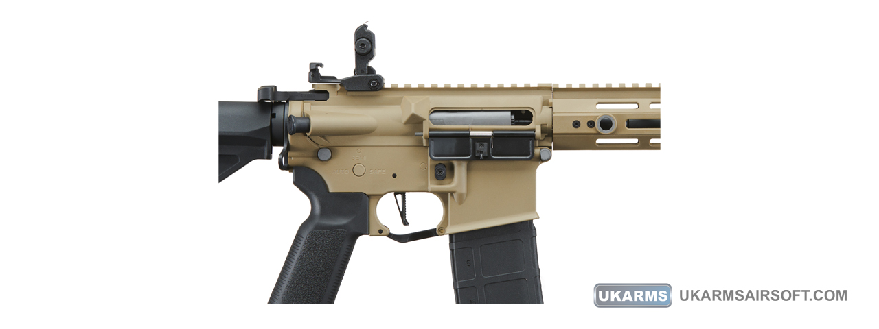 Lancer Tactical Gen 3 Hellion M-LOK 10" Airsoft M4 AEG with Delta Stock (Color: Tan) - Click Image to Close