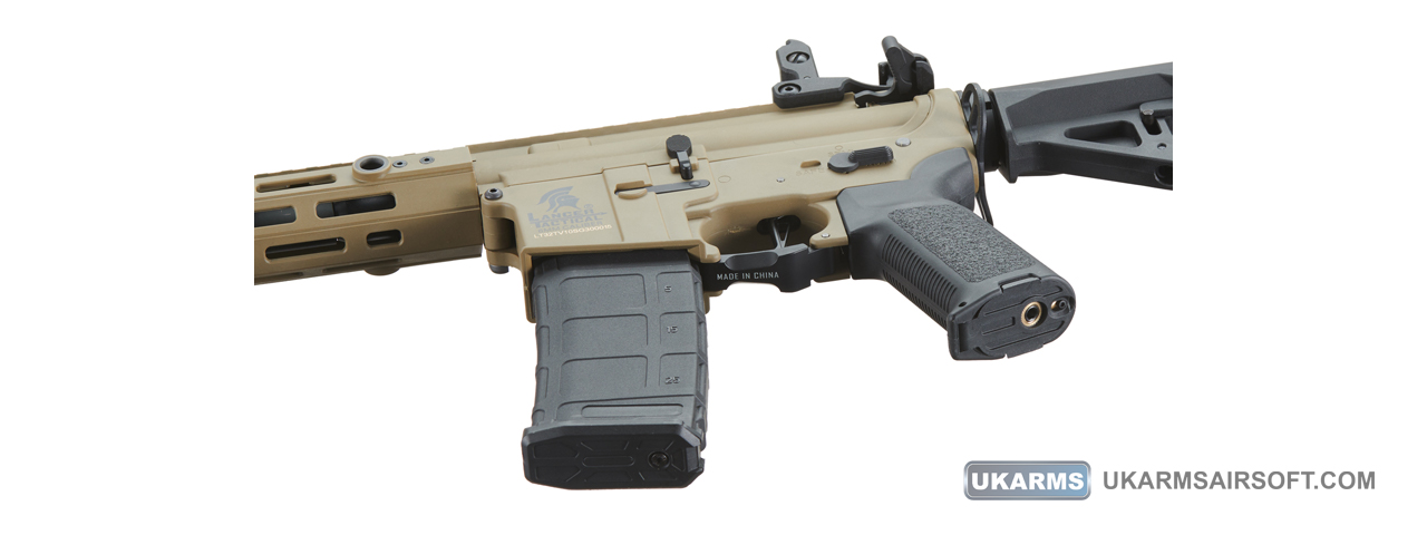 Lancer Tactical Gen 3 Hellion M-LOK 10" Airsoft M4 AEG with Delta Stock (Color: Tan) - Click Image to Close