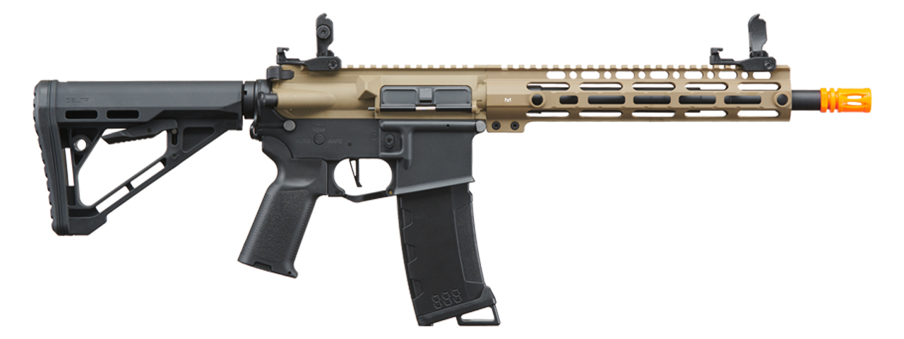 Lancer Tactical Gen 3 M-LOK 10" Airsoft M4 AEG with Delta Stock (Color: FDE Upper Receiver & Black Lower) - Click Image to Close