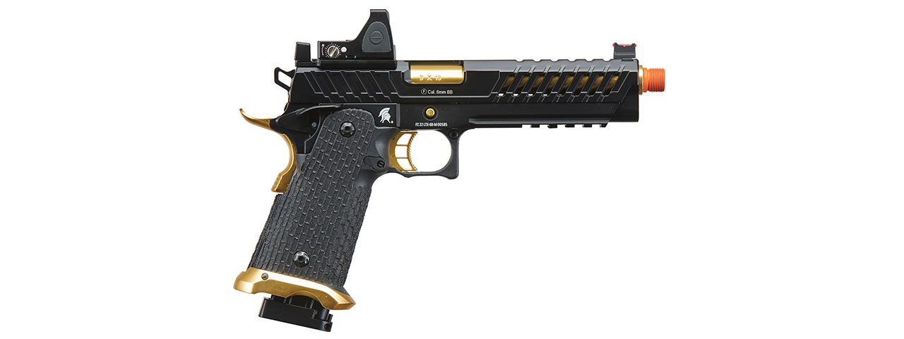 Lancer Tactical Knightshade Hi-Capa Gas Blowback Airsoft Pistol w/ Reflex Red Dot Sight (Color: Black & Gold) - Click Image to Close