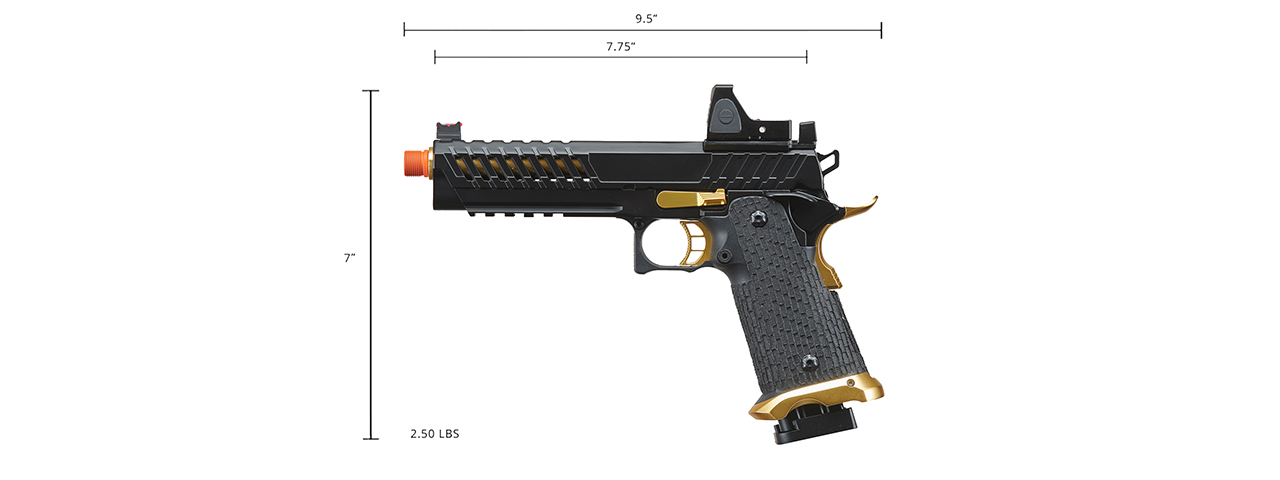 Lancer Tactical Knightshade Hi-Capa Gas Blowback Airsoft Pistol w/ Reflex Red Dot Sight (Color: Black & Gold)