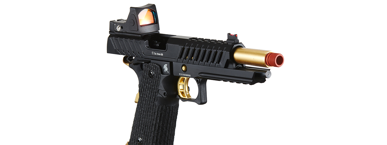 Lancer Tactical Knightshade Hi-Capa Gas Blowback Airsoft Pistol w/ Reflex Red Dot Sight (Color: Black & Gold) - Click Image to Close