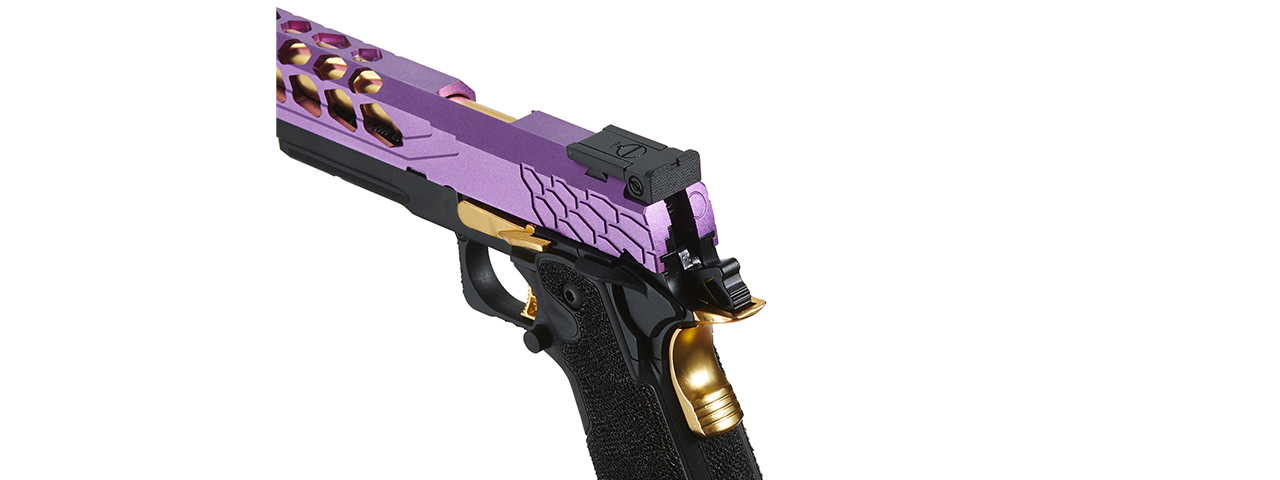 Lancer Tactical Stryk Hi-Capa 5.1 Gas Blowback Airsoft Pistol (Color: Black, Purple & Gold) - Click Image to Close