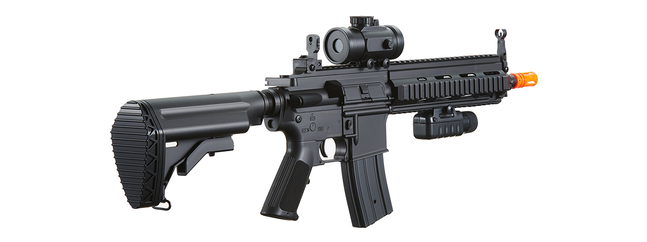 Double Eagle M804A2 AEG Plastic Gear MK416 RIS Retractable Stock, Red Dot Scope, Flashlight & Laser w/ Pressure Switch