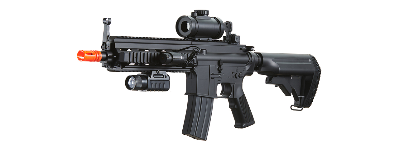 Double Eagle M804A2 AEG Plastic Gear MK416 RIS Retractable Stock, Red Dot Scope, Flashlight & Laser w/ Pressure Switch