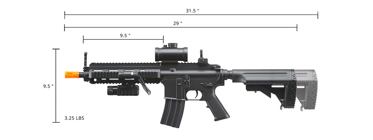 Double Eagle M804A2 AEG Plastic Gear MK416 RIS Retractable Stock, Red Dot Scope, Flashlight & Laser w/ Pressure Switch