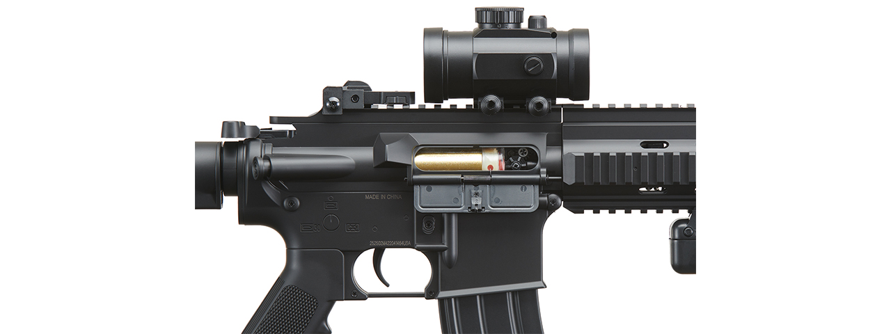 Double Eagle M804A2 AEG Plastic Gear MK416 RIS Retractable Stock, Red Dot Scope, Flashlight & Laser w/ Pressure Switch - Click Image to Close