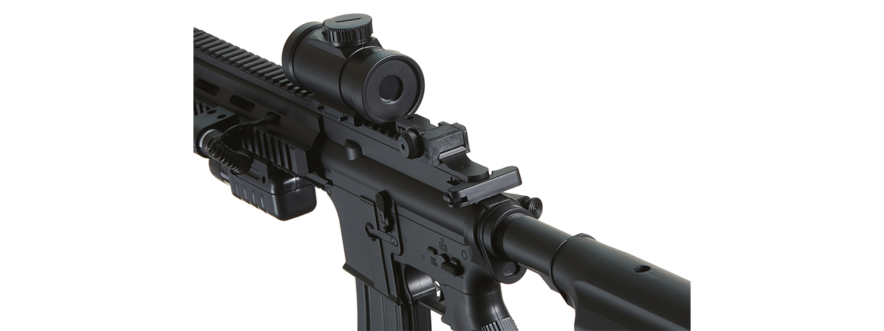 Double Eagle M804A2 AEG Plastic Gear MK416 RIS Retractable Stock, Red Dot Scope, Flashlight & Laser w/ Pressure Switch