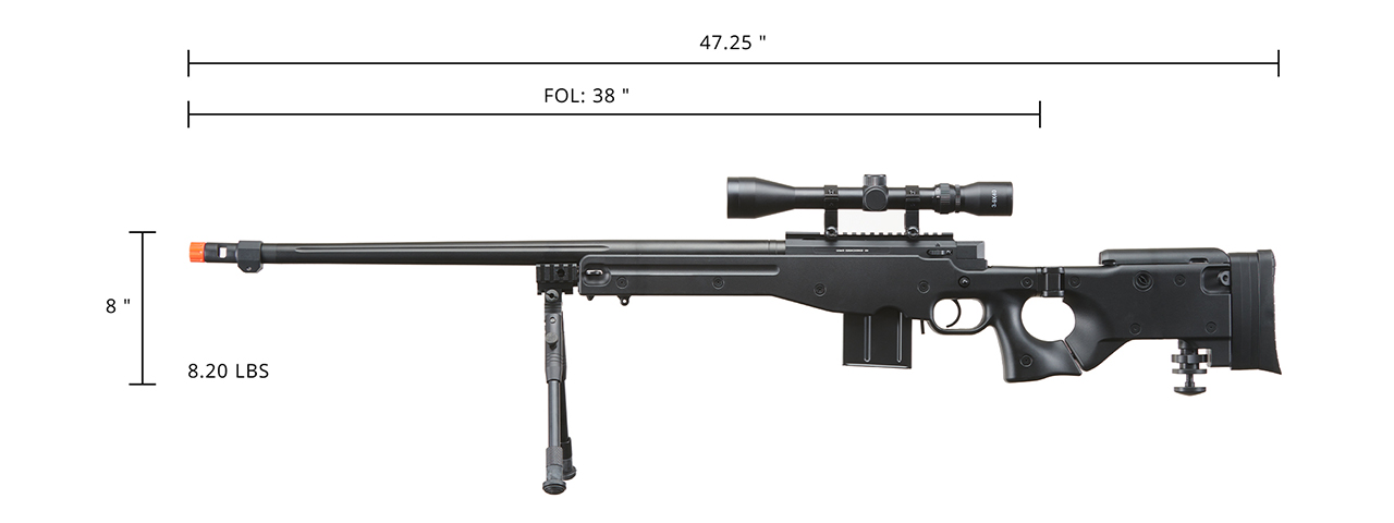 WELL MB4403BAB BOLT ACTION RIFLE w/FLUTED BARREL, SCOPE & BIPOD (COLOR: BLACK)