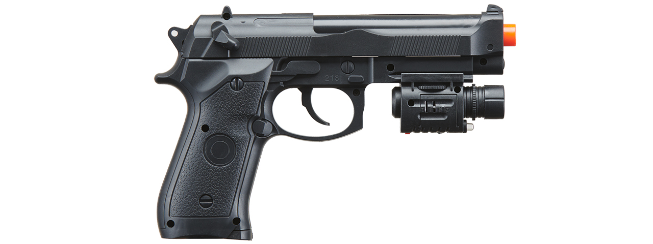 P2218C SPRING PISTOL (BK) w/ LASER, SUPPRESSOR - Click Image to Close