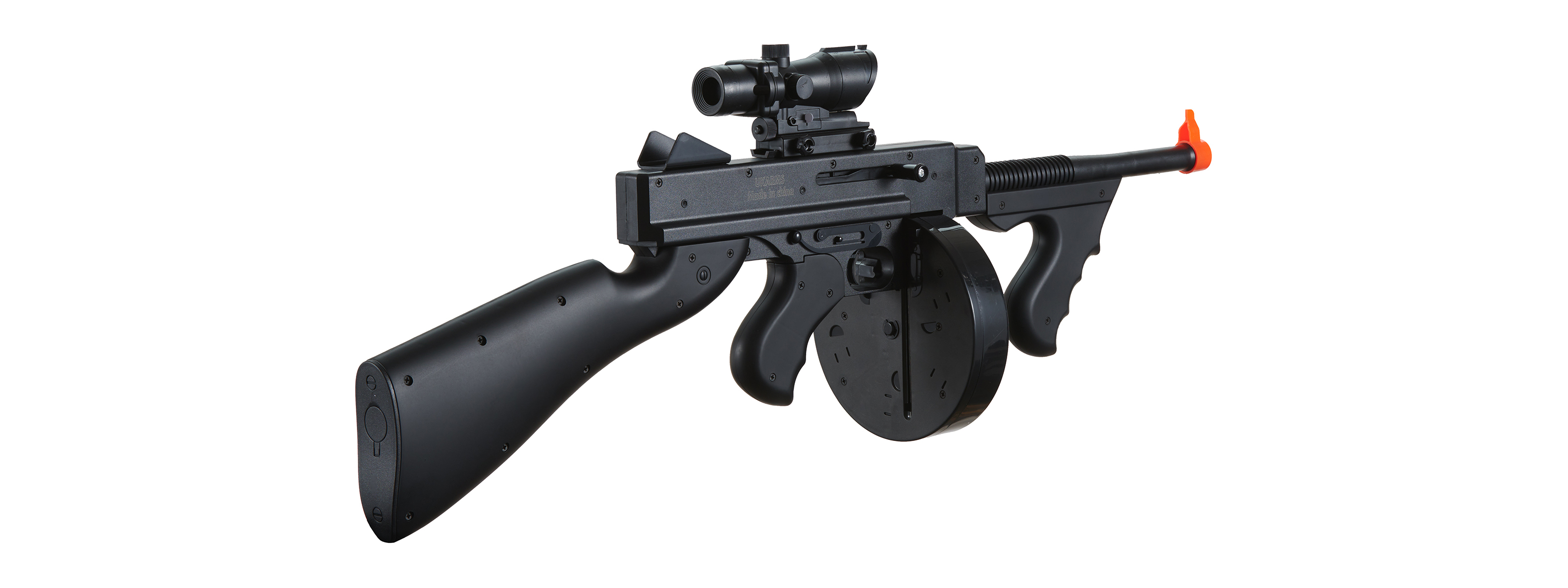 UK Arms Airsoft M1A1 Spring Tommy Gun with Drum Magazine (Color: Black) - Click Image to Close