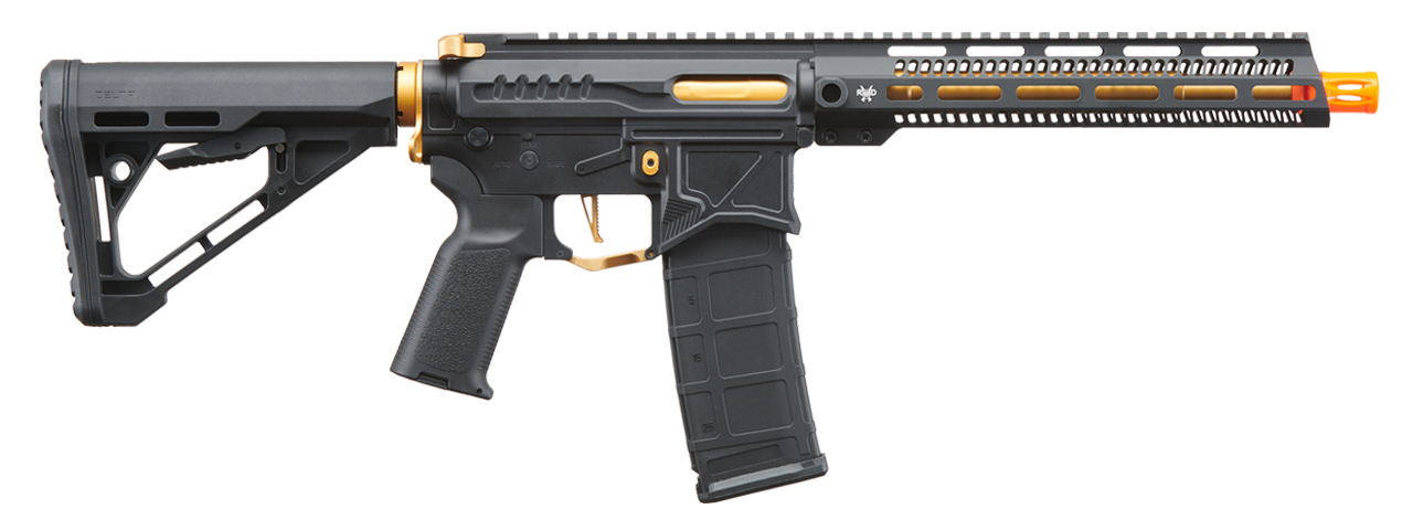 Zion Arms R15 Mod 1 Long Rail Airsoft Rifle with Delta Stock (Color: Black/Gold) - Click Image to Close