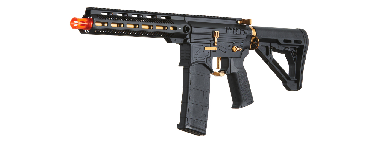 Zion Arms R15 Mod 1 Long Rail Airsoft Rifle with Delta Stock (Color: Black/Gold) - Click Image to Close