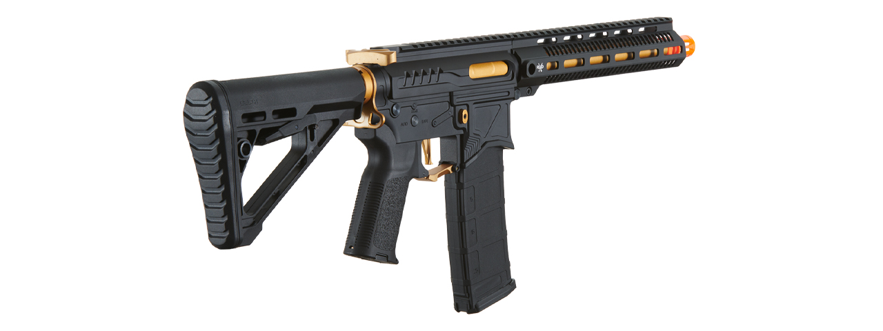 Zion Arms R15 Mod 1 Long Rail Airsoft Rifle with Delta Stock (Color: Black/Gold)