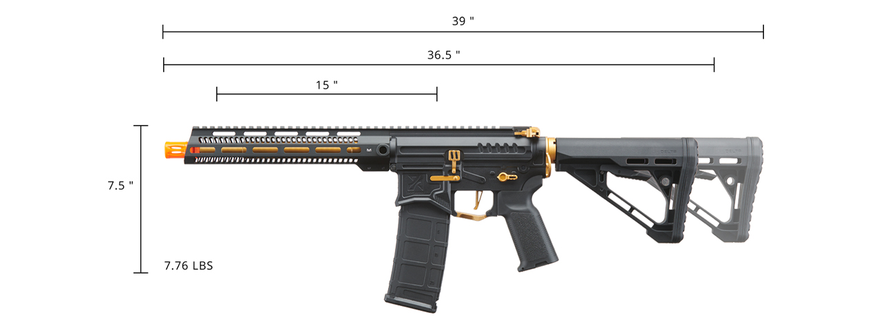 Zion Arms R15 Mod 1 Long Rail Airsoft Rifle with Delta Stock (Color: Black/Gold) - Click Image to Close