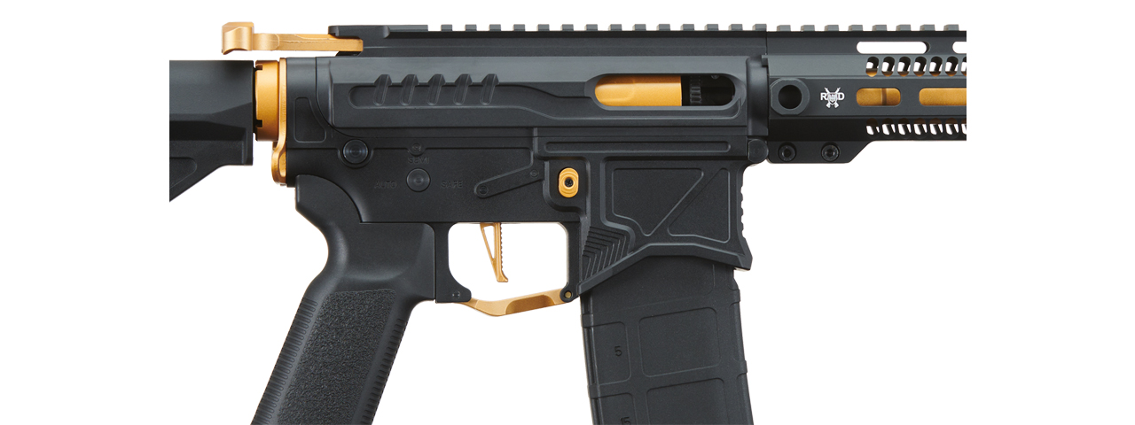 Zion Arms R15 Mod 1 Long Rail Airsoft Rifle with Delta Stock (Color: Black/Gold)