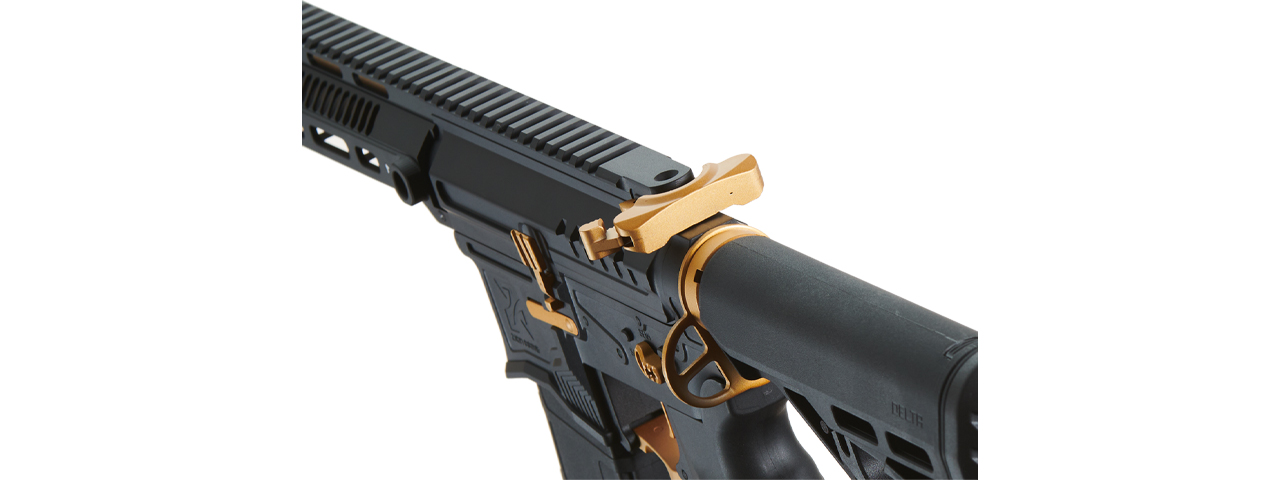 Zion Arms R15 Mod 1 Long Rail Airsoft Rifle with Delta Stock (Color: Black/Gold) - Click Image to Close