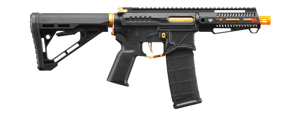 Zion Arms R15 Mod 1 Short Barrel Airsoft Rifle with Delta Stock (Color: Black & Gold) - Click Image to Close
