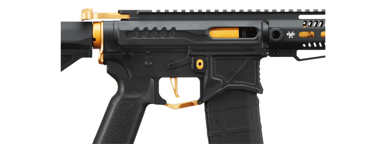 Zion Arms R15 Mod 1 Short Barrel Airsoft Rifle with Delta Stock (Color: Black & Gold) - Click Image to Close