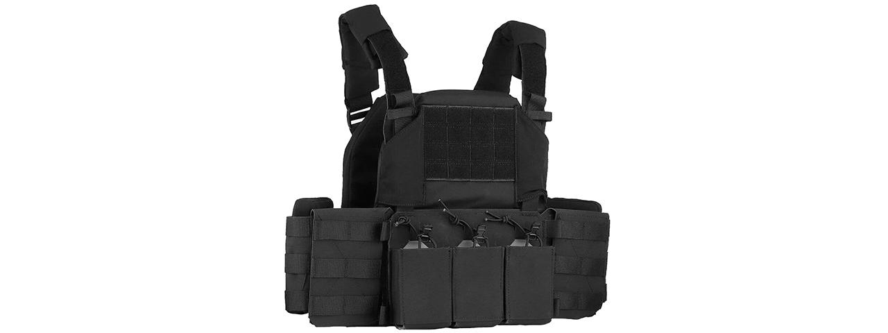 Tactical Chest Plate Carrier with Triple MOLLE Magazine Hunting Vest Front and Airsoft Gear Back Bag - (Black)