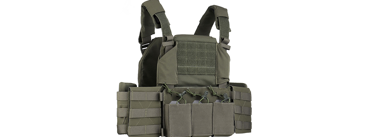 Tactical Chest Plate Carrier with Triple MOLLE Magazine Hunting Vest Front and Airsoft Gear Back Bag - (OD Green)