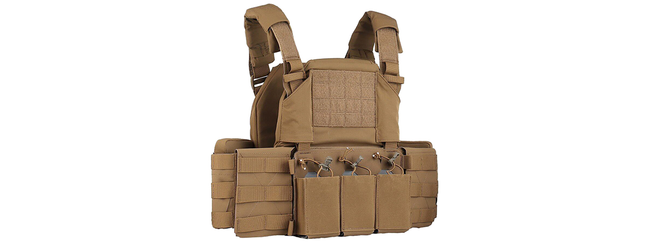 Tactical Chest Plate Carrier with Triple MOLLE Magazine Hunting Vest Front and Airsoft Gear Back Bag - (Tan)