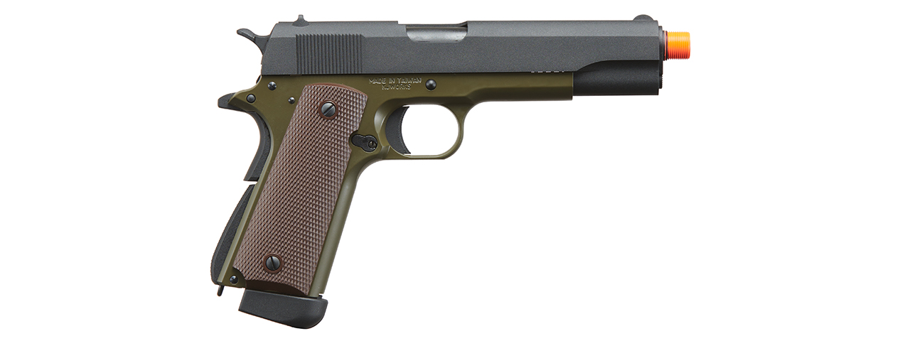 KJW Full Metal M1911-A1 CO2 Gas Blowback GBB Airsoft Pistol - (OD Green) - Click Image to Close