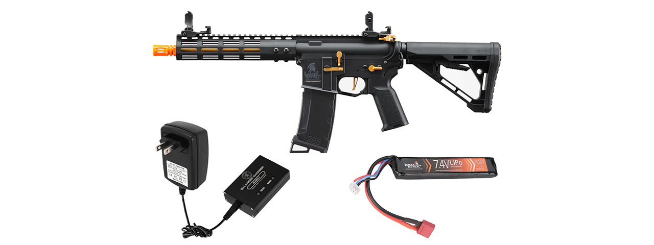 Lancer Tactical Gen 3 Archon 9" M-LOK M4 Airsoft Rifle w/ Delta Stock w/ Battery/Charger Bundle - (Black/Gold)