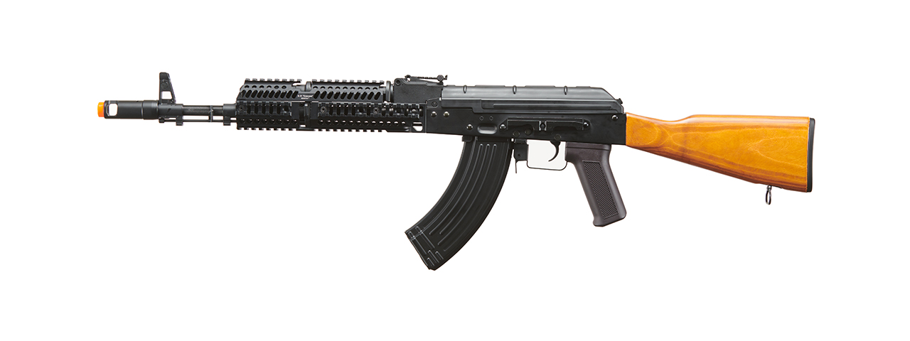 Lancer Tactical AK-Series AK-74M AEG Airsoft Rifle w/ Flash Hider ACW-228 Gas Tube Cover, ACW-229 Handguard, Wood Stock & SG-11B Mag - (Black) - Click Image to Close